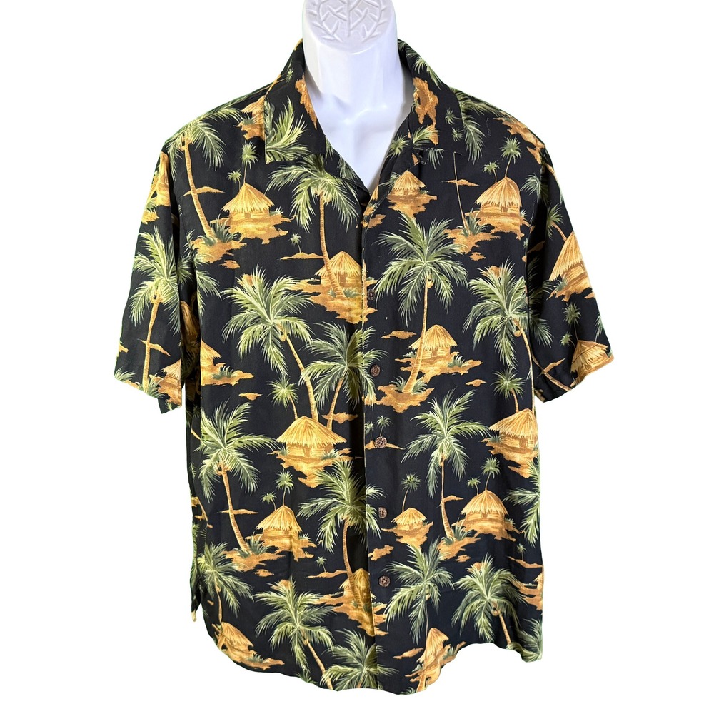Caribbean Button Down Shirt Men Large Black Silk Cotton Blend Tropical Palm Tree